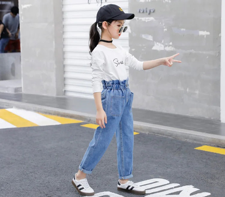 Jeans d'été bleus taille haute pour adolescentes, pantalons slim en denim pour filles, pantalons décontractés pour enfants de 10, 12 et 14 ans