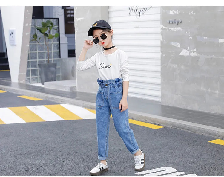Jeans d'été bleus taille haute pour adolescentes, pantalons slim en denim pour filles, pantalons décontractés pour enfants de 10, 12 et 14 ans