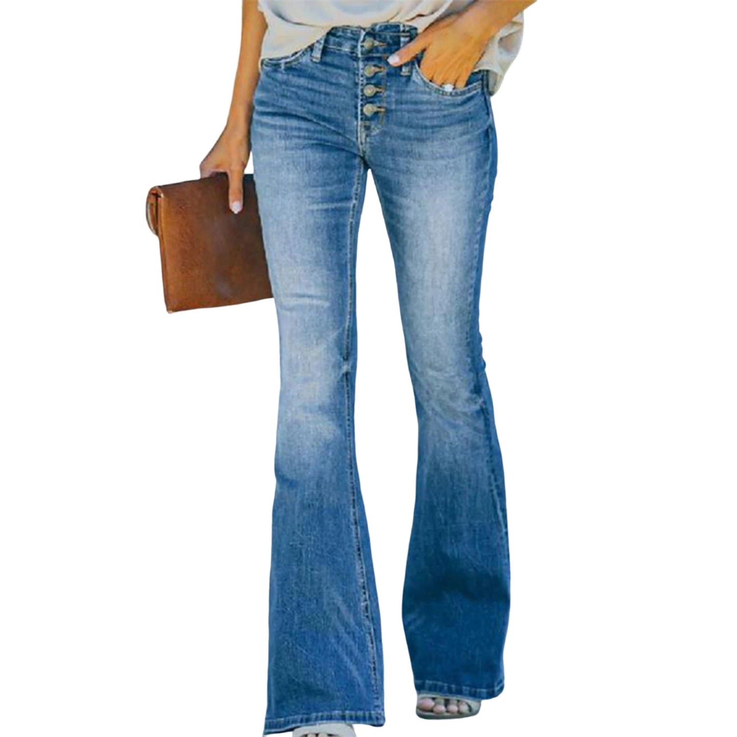 Women Denim Jeans High Waist Flared Hem Women's Jeans with Gradient Color Matching Bell-bottomed Pants Slim Fit Denim Trousers