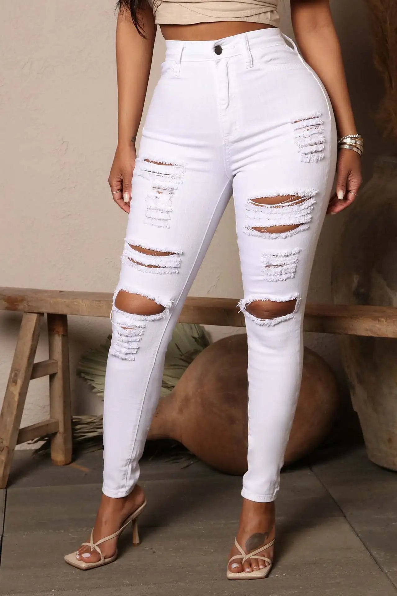 Pantalones vaqueros negros rotos para mujer, de cintura alta, ajustados y elásticos, tallas XS-XL, envío directo global, 2025
