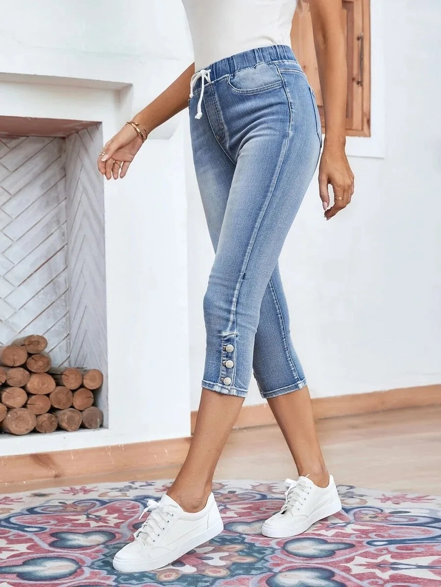 2025 Summer Women's Calf-Length Jeans Fashion Skinny High Stretch Elastic Waist Denim Pencil Pants Casual Slim Jeans S-2XL