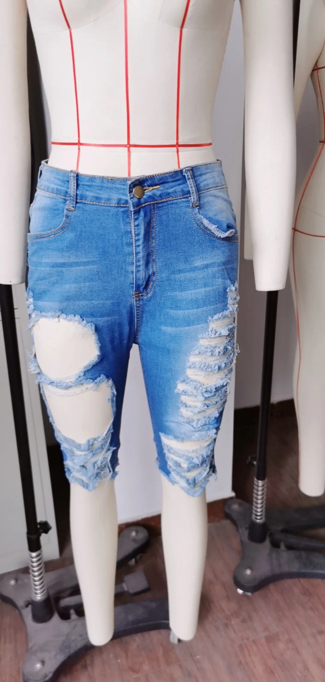Pantalones vaqueros rotos de moda para mujer, de cintura alta elástica, ajustados, hasta la rodilla, estilo lápiz, informales, estilo hipster, para verano.