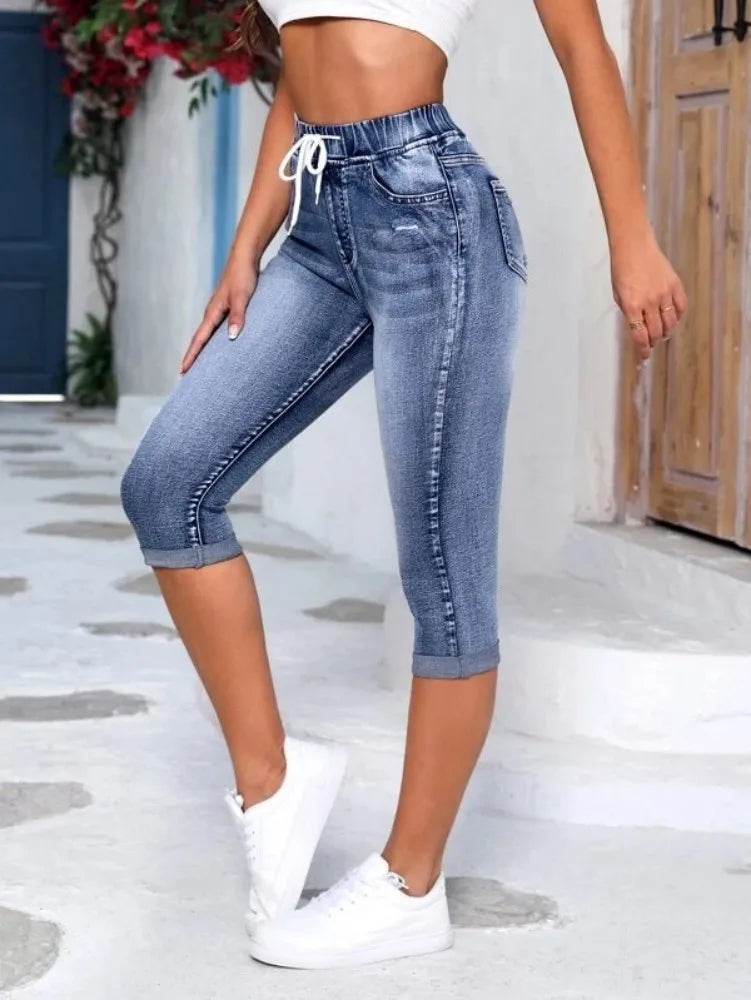 Jean taille haute déchiré mi-mollet pour femme, pantalon crayon en denim extensible et décontracté, taille élastique, tendance, 2025