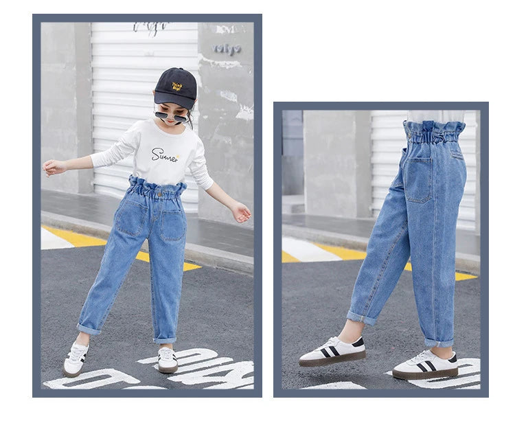 Jeans d'été bleus taille haute pour adolescentes, pantalons slim en denim pour filles, pantalons décontractés pour enfants de 10, 12 et 14 ans