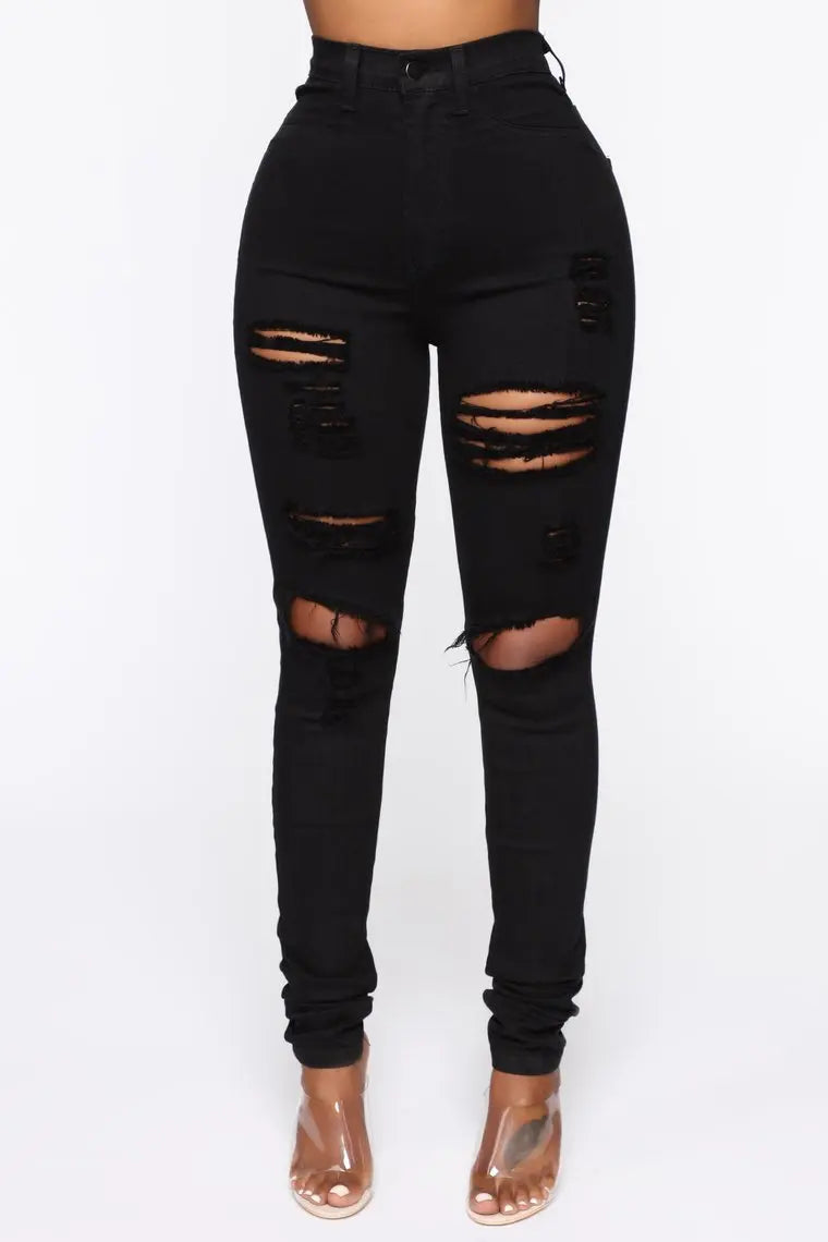Pantalones vaqueros negros rotos para mujer, de cintura alta, ajustados y elásticos, tallas XS-XL, envío directo global, 2025