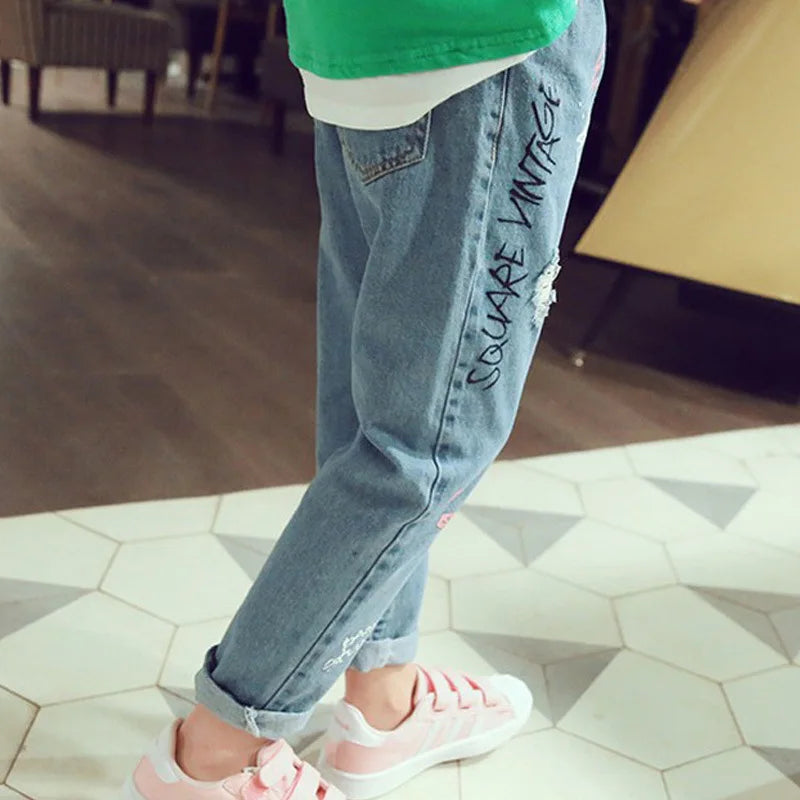 Personality cloud graffiti printing hole casual children jeans,Children's Clothing For Girl Kids Pants Boutique Children Trouser