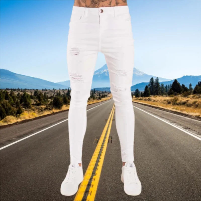 Jeans Wihte - Pantalones vaqueros ajustados con cintura elástica para hombre 2023, pantalones vaqueros rasgados elásticos, ropa de calle de verano para hombre, pantalones deportivos de alta calidad