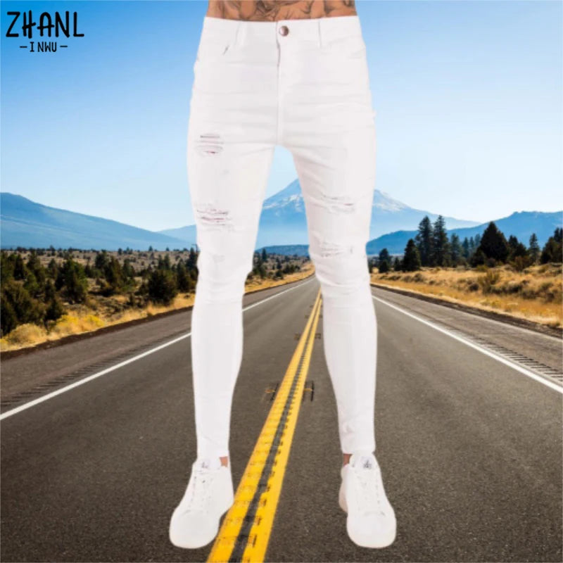 Jeans Wihte - Pantalones vaqueros ajustados con cintura elástica para hombre 2023, pantalones vaqueros rasgados elásticos, ropa de calle de verano para hombre, pantalones deportivos de alta calidad