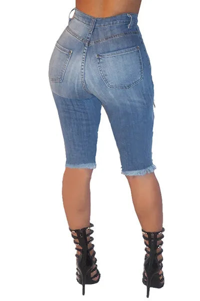 Pantalones vaqueros rotos de moda para mujer, de cintura alta elástica, ajustados, hasta la rodilla, estilo lápiz, informales, estilo hipster, para verano.