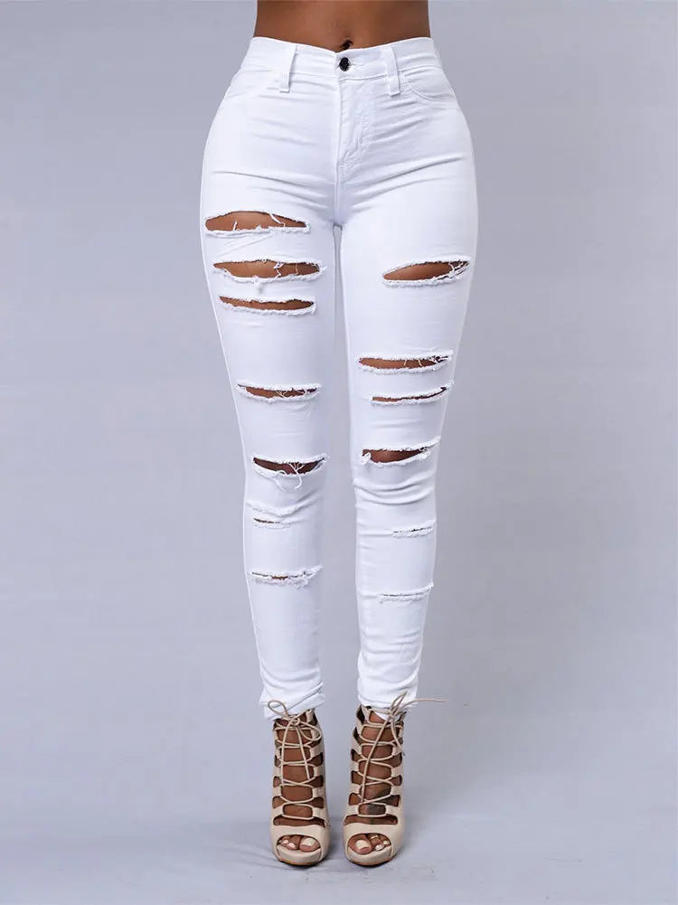 Venta caliente de jeans rotos para mujer, jeans ajustados sexis de mezclilla, pantalones casuales de moda urbana, pantalones de tubo, ropa femenina de primavera y verano