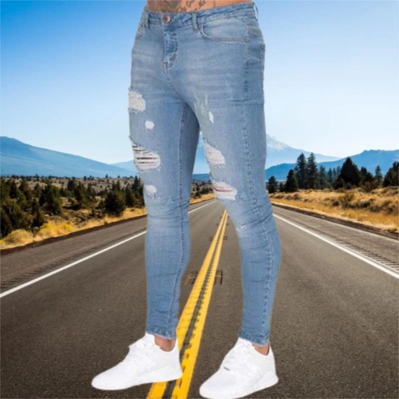 Jeans Wihte - Pantalones vaqueros ajustados con cintura elástica para hombre 2023, pantalones vaqueros rasgados elásticos, ropa de calle de verano para hombre, pantalones deportivos de alta calidad