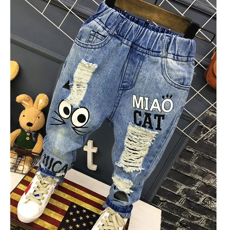 Pantalones vaqueros para niñas de 1 a 7 años, informales, con agujeros y estampado de gato de dibujos animados, para primavera y otoño