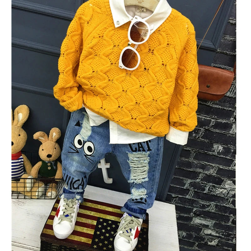 Pantalones vaqueros para niñas de 1 a 7 años, informales, con agujeros y estampado de gato de dibujos animados, para primavera y otoño