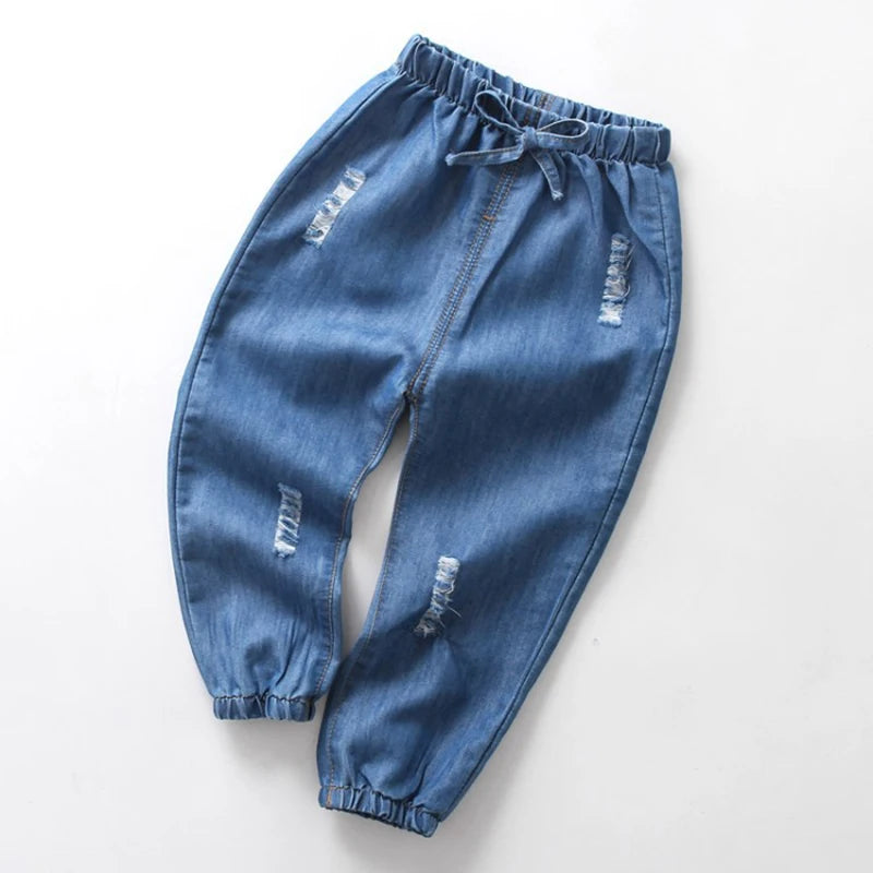 Pantalones largos finos informales de verano para niños y niñas, a la moda, de color liso, con bordado de dibujos animados, ropa vaquera para niños de 1 a 6 años