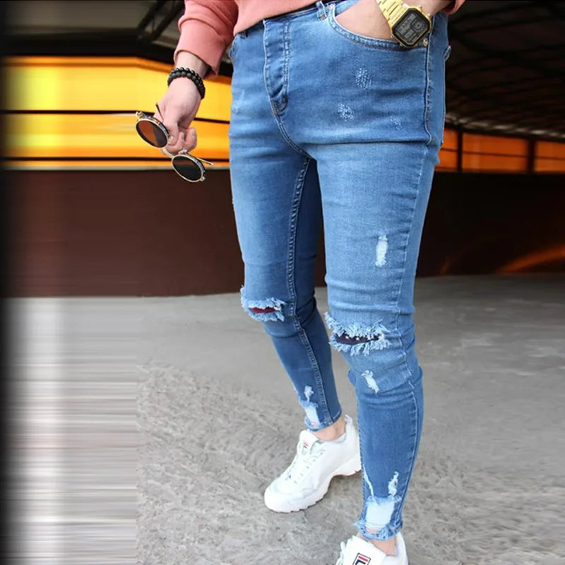 New Men's Jeans Slim Pants Holes Denim Casual Trousers Trend Skinny Jeans for Men Fashion Pencil Pants Men Clothing