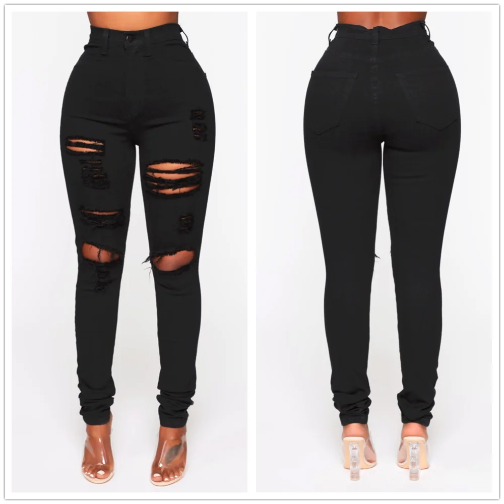 Pantalones vaqueros negros rotos para mujer, de cintura alta, ajustados y elásticos, tallas XS-XL, envío directo global, 2025
