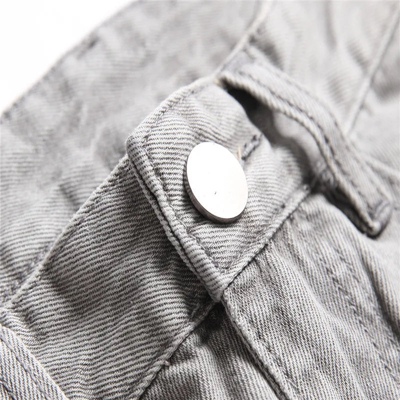Pantalones vaqueros rectos de talla grande para hombre, color gris claro, para primavera y otoño, largos, rotos.