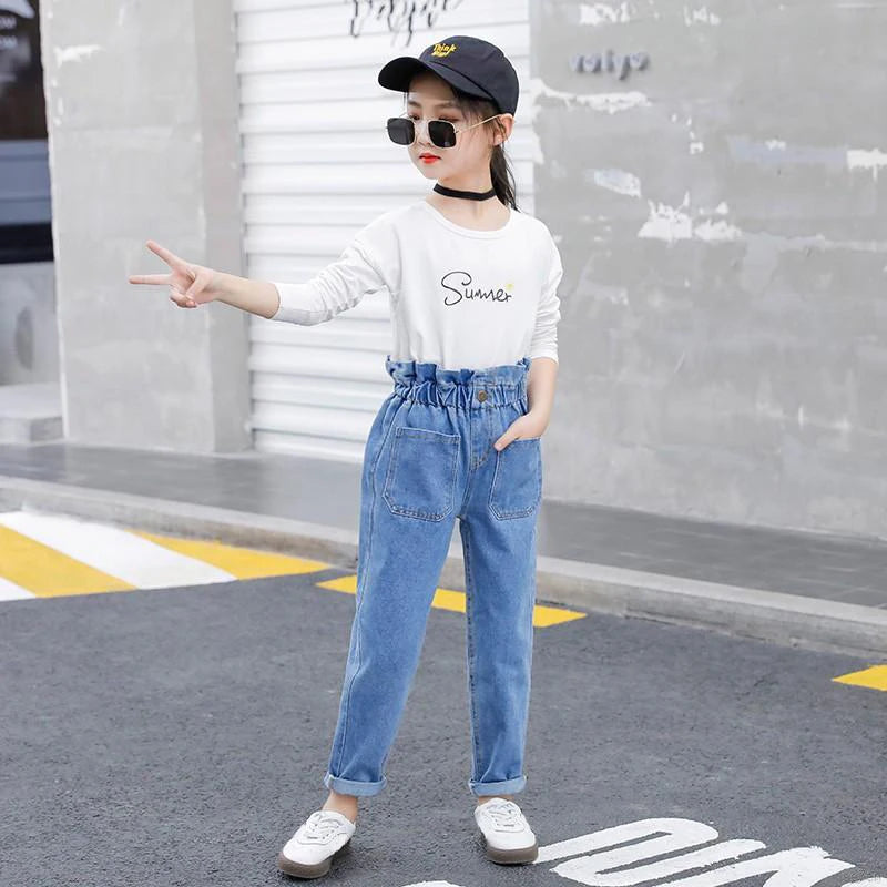 Jeans d'été bleus taille haute pour adolescentes, pantalons slim en denim pour filles, pantalons décontractés pour enfants de 10, 12 et 14 ans
