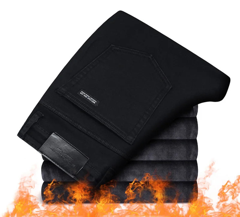 Men Fashion Winter Jeans Men Black Color Slim Fit Stretch Thick Velvet Pants Warm Jeans Casual Fleece Trousers Male