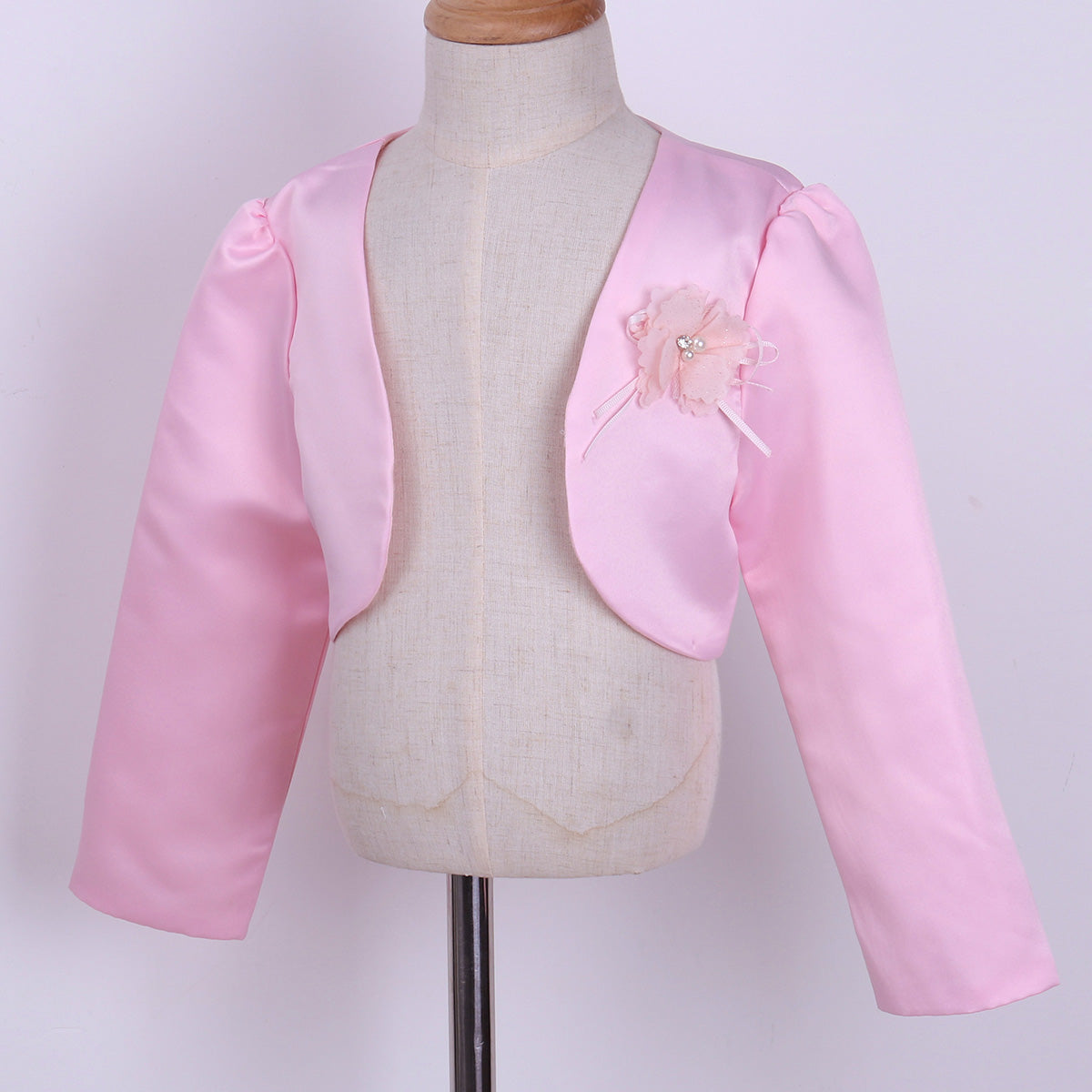 Kids Girls Satin Bolero Jackets Rhinestone Flower Elegant Cardigan Long Sleeve Open Front Shrug Cape Wedding Party Dress Outwear