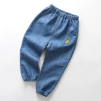 Pantalones largos finos informales de verano para niños y niñas, a la moda, de color liso, con bordado de dibujos animados, ropa vaquera para niños de 1 a 6 años