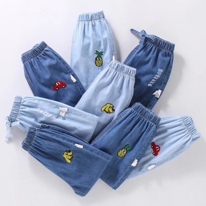 Pantalones largos finos informales de verano para niños y niñas, a la moda, de color liso, con bordado de dibujos animados, ropa vaquera para niños de 1 a 6 años