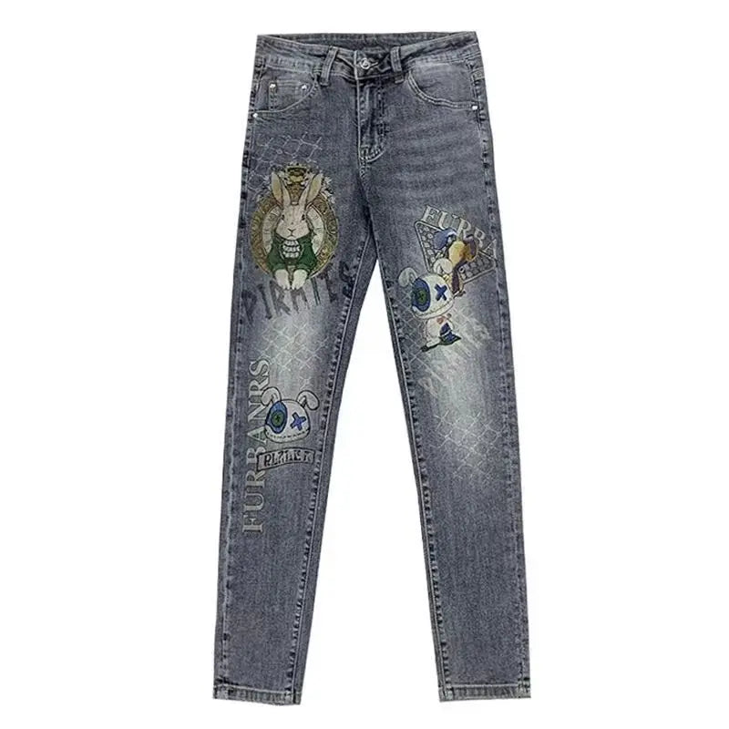 Vaqueros ajustados de alta gama para hombre, de estilo coreano europeo, con estampado de diamantes de tigre, para uso informal, ropa de lujo elástica para primavera y otoño.