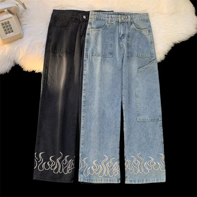 Pantalones vaqueros vintage con estampado de llamas Y2K para hombre, pantalones vaqueros holgados de pierna ancha, pantalones vaqueros rectos de moda hip hop 2025.
