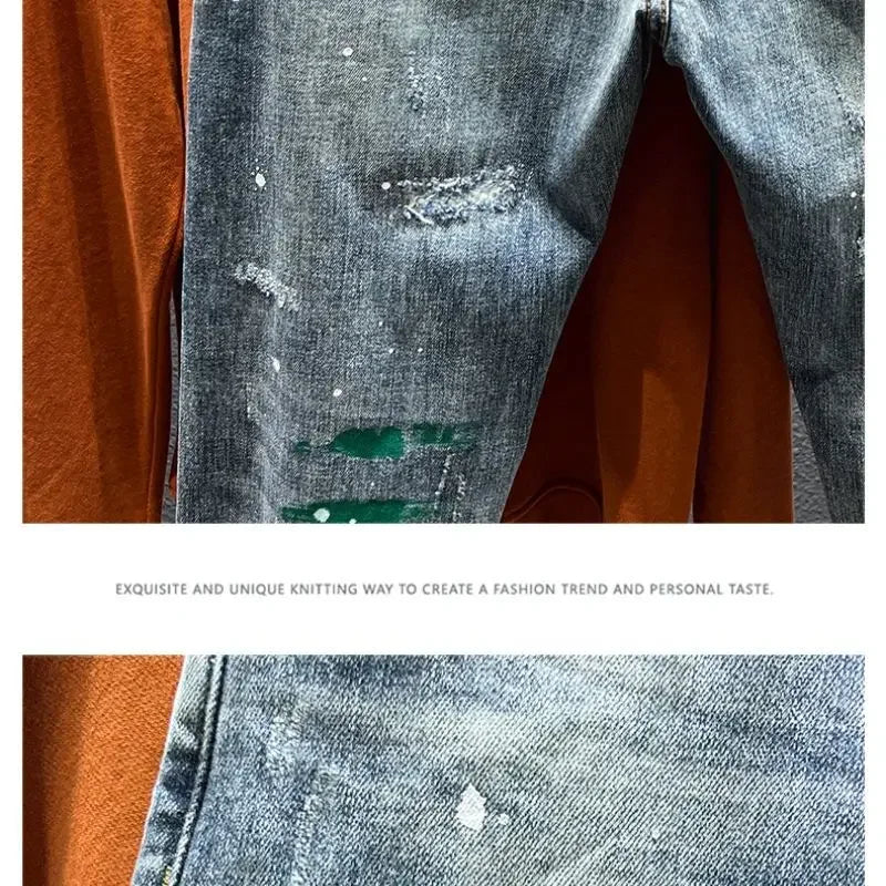Trendy Jeans Men's Slim Fit Autumn 2024 New Style Ripped Punk Denim Pants Versatile Stretchy Little Shorts For Men