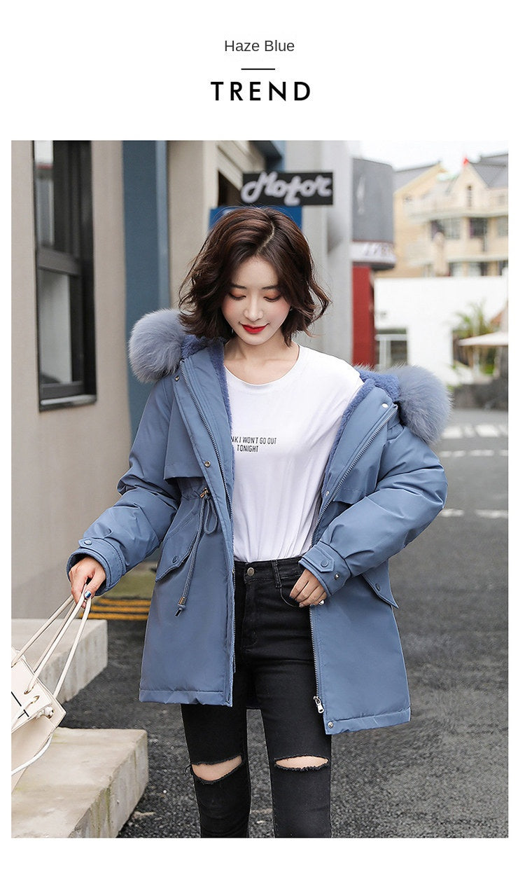 Women Parka Fashion 2023 Winter Jacket Slim with Fur Collar Warm Snow Wear Padded Clothes Long Coat Wool Liner Hooded Parkas