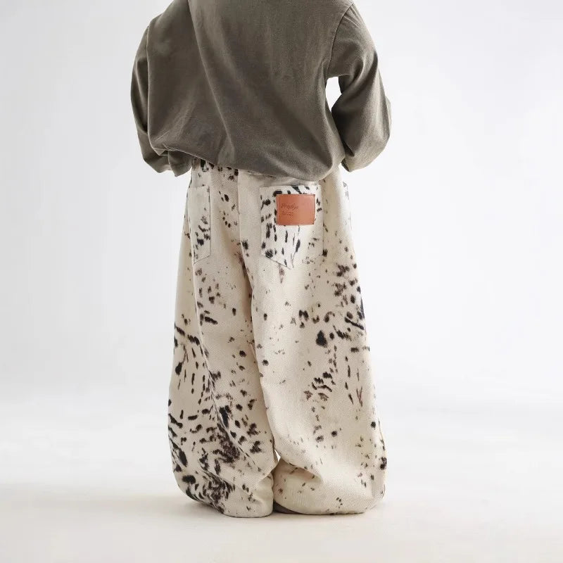 Pantalones vaqueros de estilo coreano para niños de 2 a 8 años, primavera y otoño, con estampado de leopardo y albaricoque, informales, de pierna ancha, versátiles, A05038