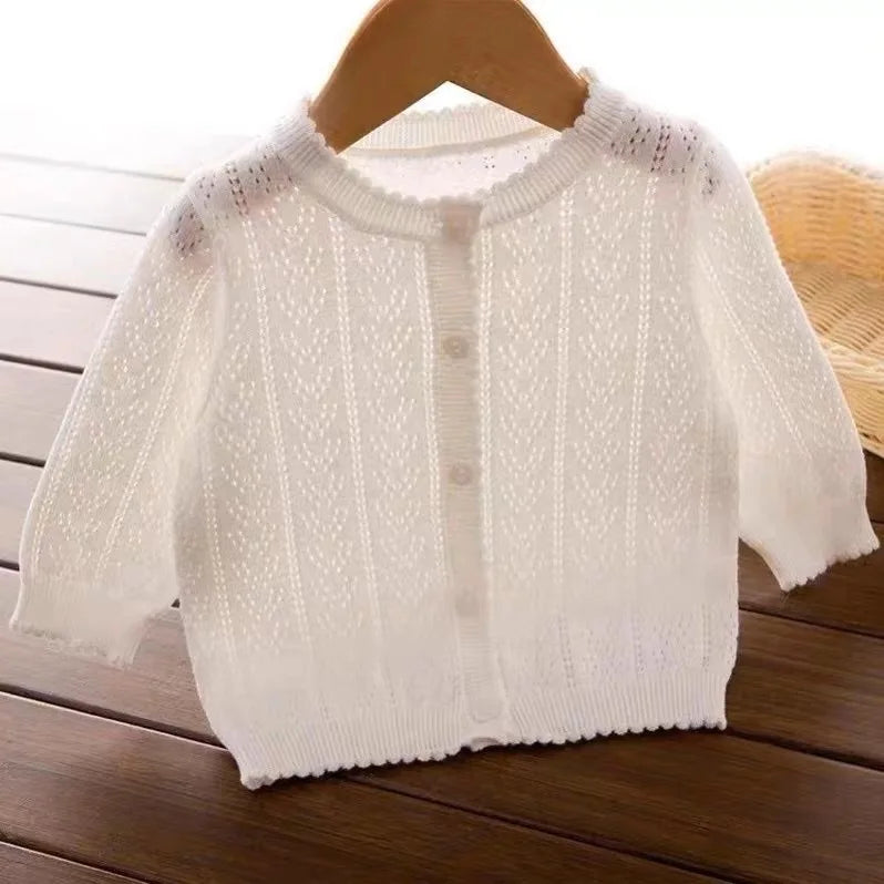 Coat Children Girl Spring Summer Lightweight Style Cotton Solid Open-knit Sun Shirt Cardigan Versatile Sweet Fashion Casual