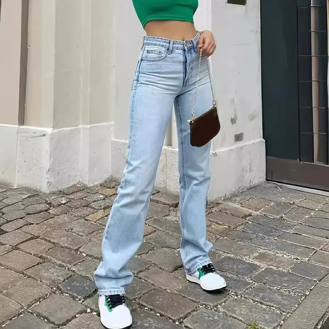 Jean délavé en denim pour femme, pantalon droit avec poches, taille haute, longueur cheville, ample, effet usé, uni, décontracté, basique, vintage 2024