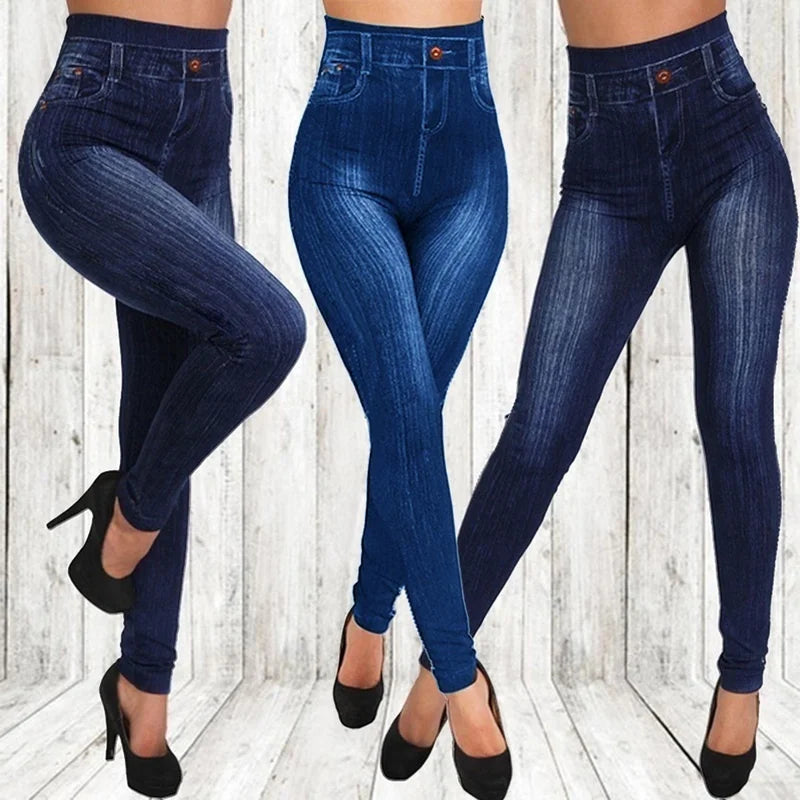 Women Plus Size Pencil High Waist Denim Pants Leggings Imitation Fashion Casual Jeans