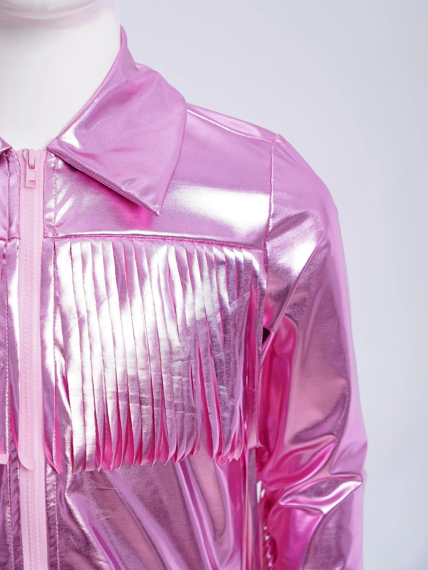 Kids Girls Tassels Metallic Jacket Top Fringe Shiny Turn-Down Collar Long Sleeve Zipper Jacket Coat for Hip Hop Street Dance