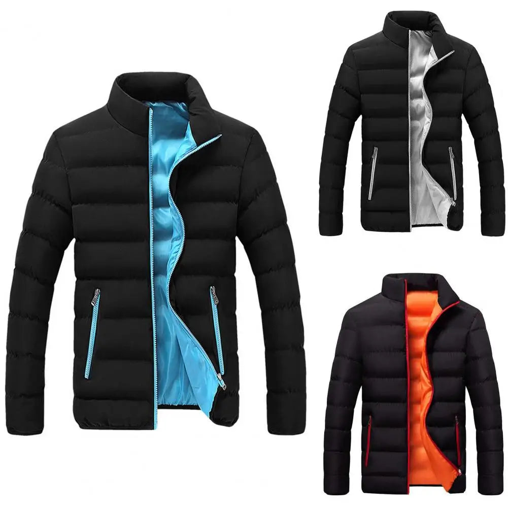 Parkas Zipper Pockets Long Sleeve Men Padded Cotton Coat Zipper Closure Stand Collar Slim Male Puffer Coat Male Windbreaker