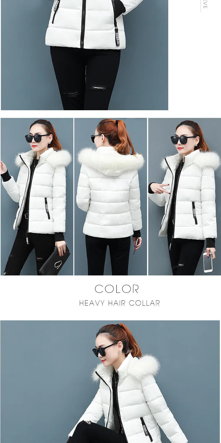 Solid Color Detachable Hooded Hair Collar Slim-fit Cotton-padded Jacket, Women's Winter New Warm Casual Stand Collar Padded Coat