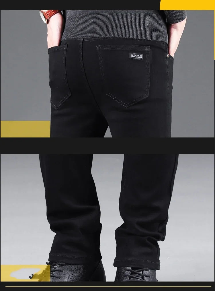 Pantalones vaqueros ajustados negros puros para hombre, pantalones rectos elásticos, moda de negocios, pantalones vaqueros vintage coreanos para hombre, primavera y otoño