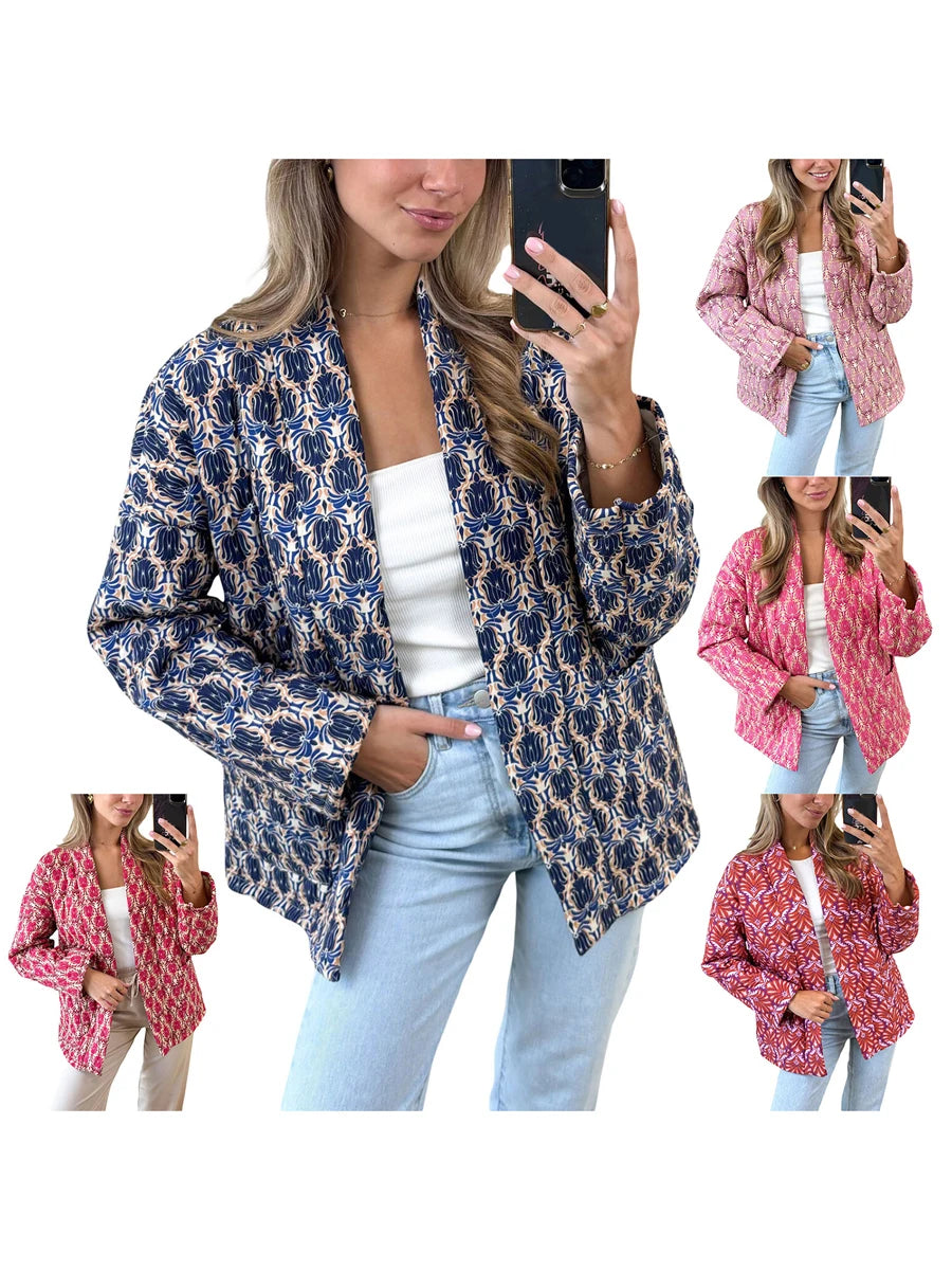 2024 New Fashion Women Winter Padded Jacket Vintage Print Open Front Quilted Long Sleeve Coat Cardigan