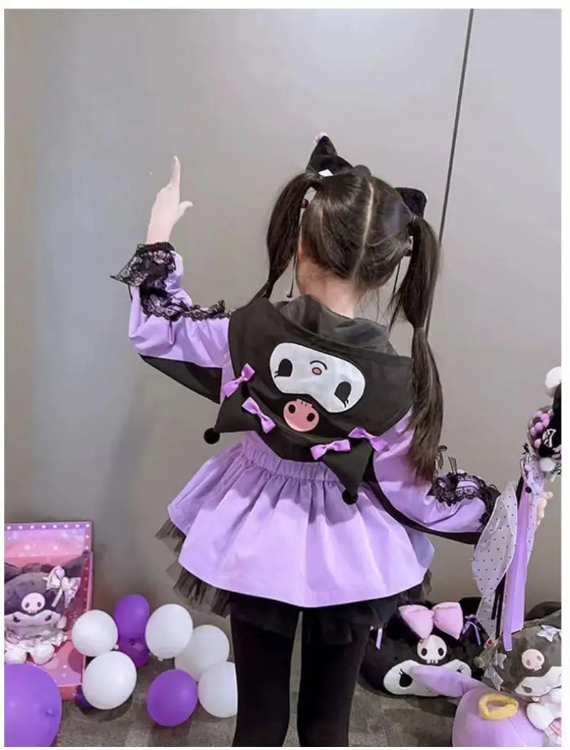Kawaii Kuromi Cinnamoroll Kids Girls Jacket Autumn New Cartoon Fashion Embroidery Jacket Retract Waist Hooded Outdoor Jackets