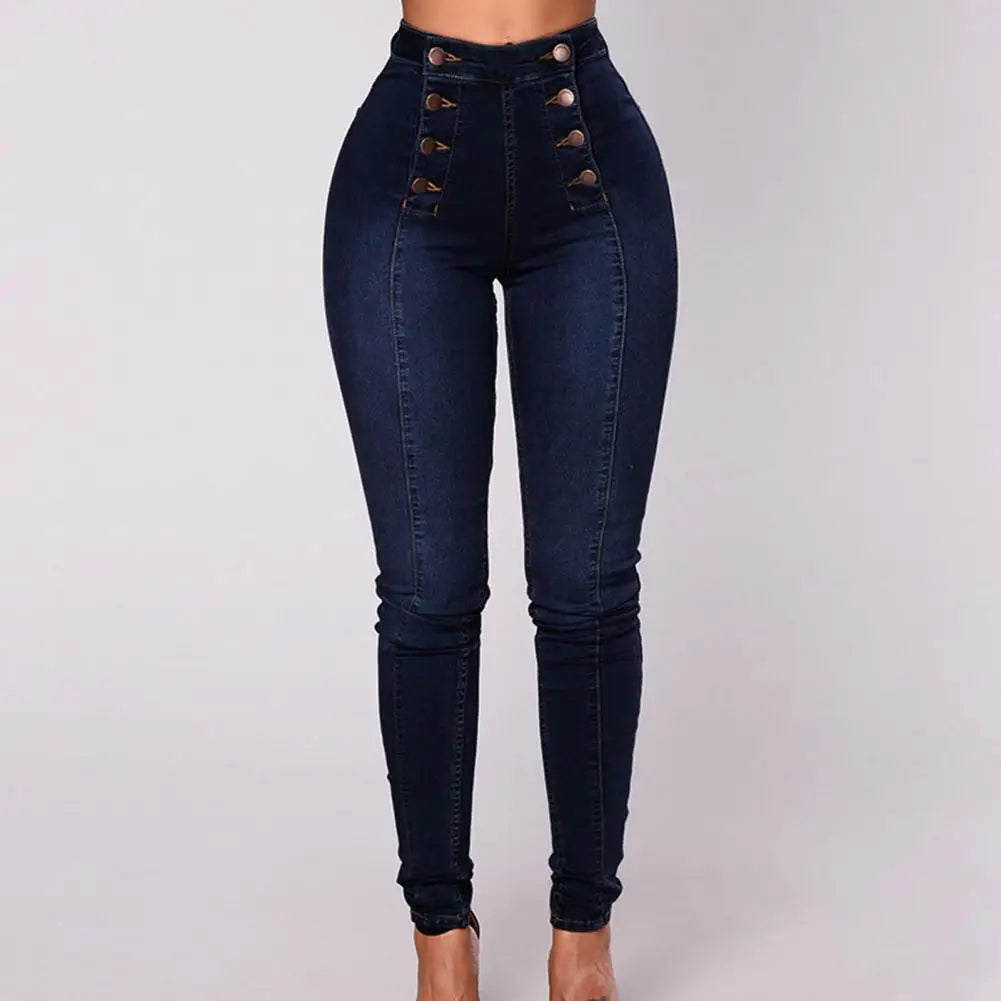 Vaqueros de cintura alta con botones decorativos y bolsillos para mujer, estilo push up, ajustados, cruzados, estilo urbano