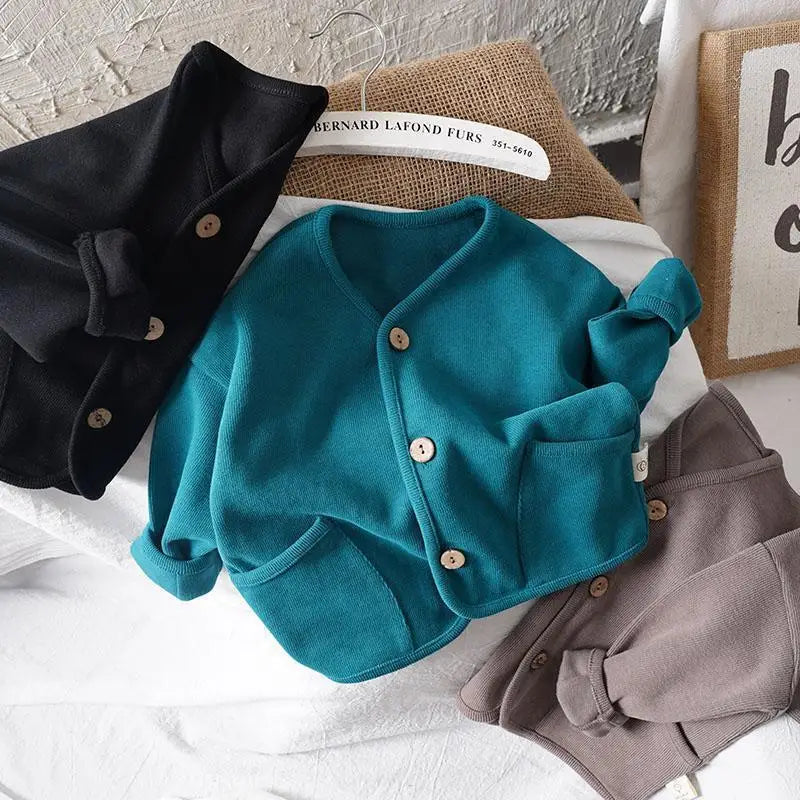 Korean 0-7Yrs Children's Loose Solid Color Long Sleeved Cardigan Autumn Style Pure Cotton Casual Top Jacket for Boys and Girls