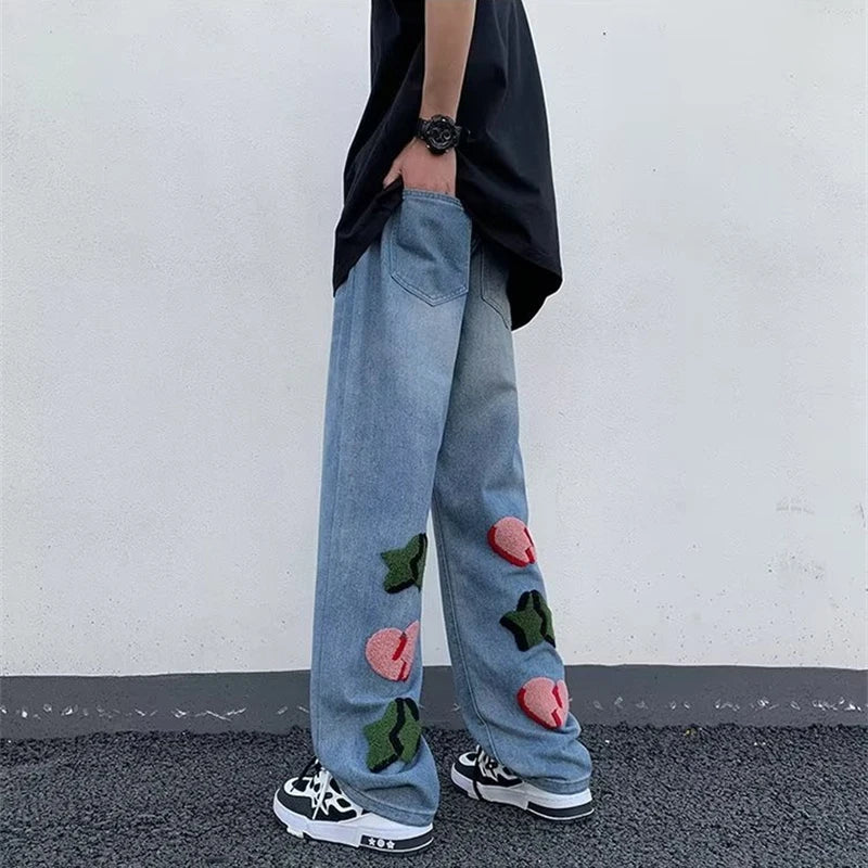 2025 New Goth Graffiti Embroidered Jeans Men High Street Harajuku Fashion Denim Trousers Hip Hop Y2K Vintage Jean pantalones
