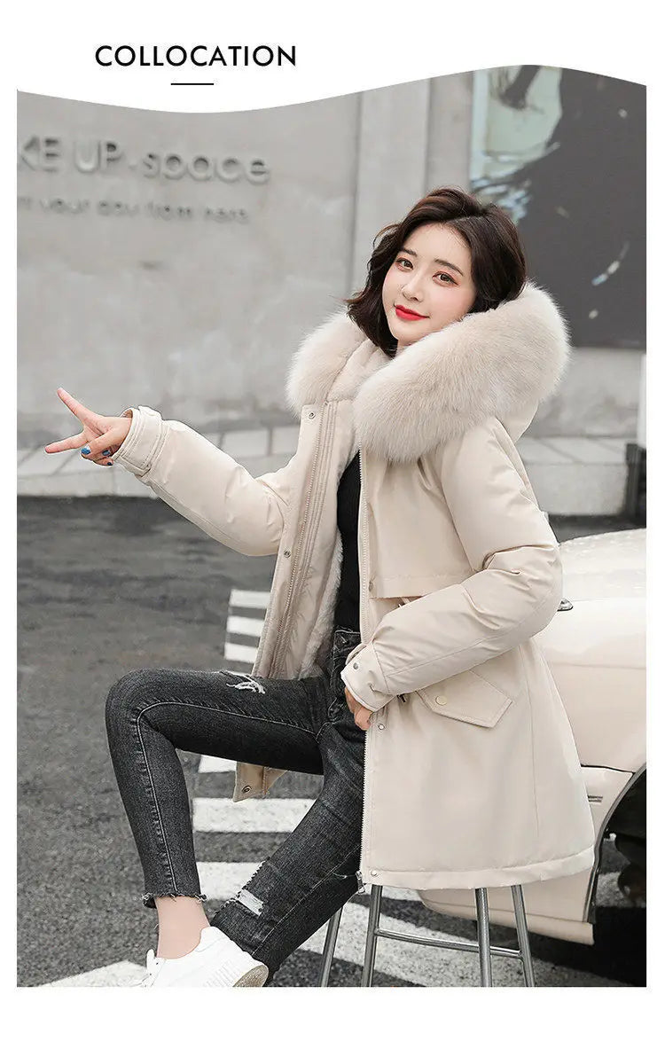 Spring Parkas Women Coats Mid Length Coat Thick Warm Hooded Drawstring Jackets Splice Zipper Tight Waist Jacket Autumn Winter