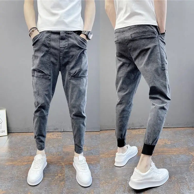 Pantalones vaqueros holgados estilo Harajuku para hombre, ropa de calle japonesa, estilo informal, ajustados, estilo cargo, hip hop, de diseñador, color gris, para otoño y verano