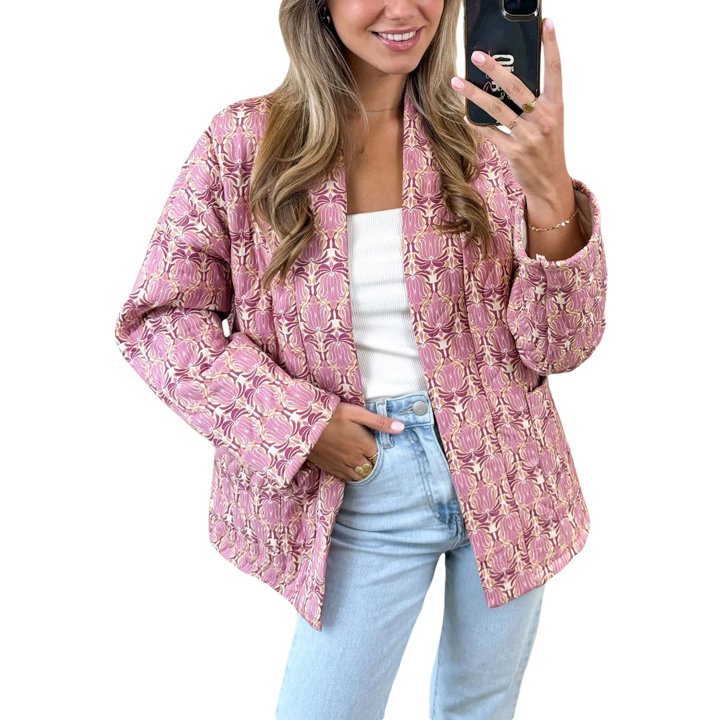 2024 New Fashion Women Winter Padded Jacket Vintage Print Open Front Quilted Long Sleeve Coat Cardigan