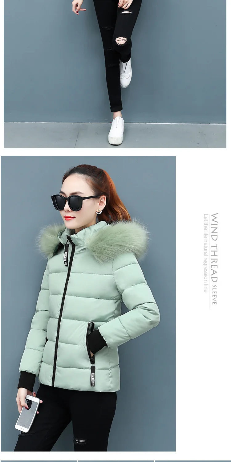 Solid Color Detachable Hooded Hair Collar Slim-fit Cotton-padded Jacket, Women's Winter New Warm Casual Stand Collar Padded Coat
