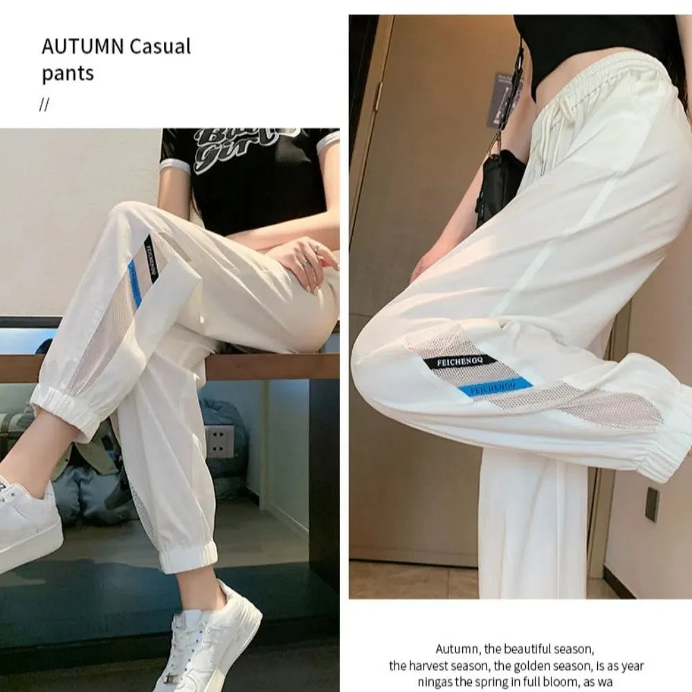 Fashion Straight Casual Drawstring Pants Streetwear Quick Dry Wide Leg Loose Pants Mesh Hollow Mesh Sweat Pants Women Sports