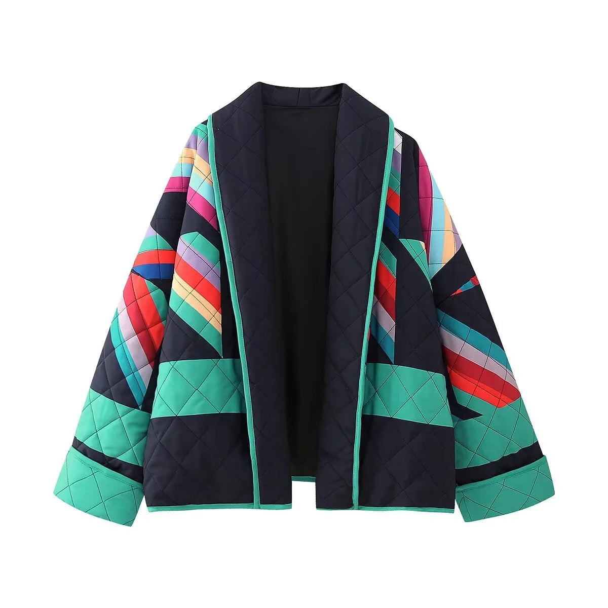 Women Casual Parka Fall-Winter 2024 Fashion Geometric Print Spliced Jacket Vintage Lapel Kimono Cardigan Elegant Thermal Tops
