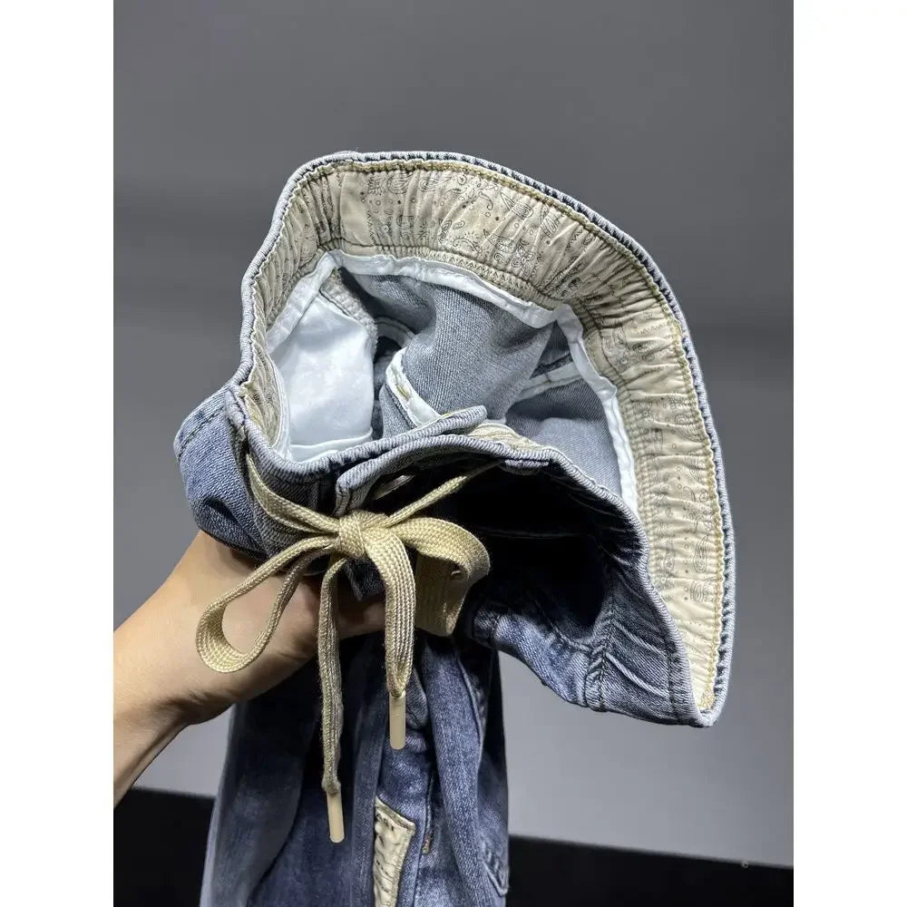 Pantalones vaqueros de lujo para hombre, moda coreana, primavera y verano, con cordón elástico, lavados, estilo cargo, holgados y cónicos